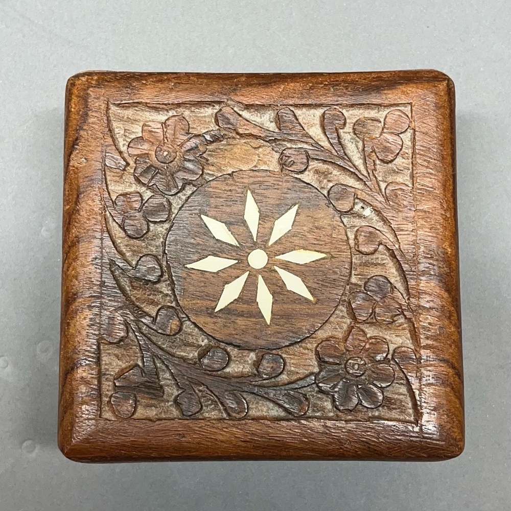 Vintage Trinket wood. Carved with inlay.
